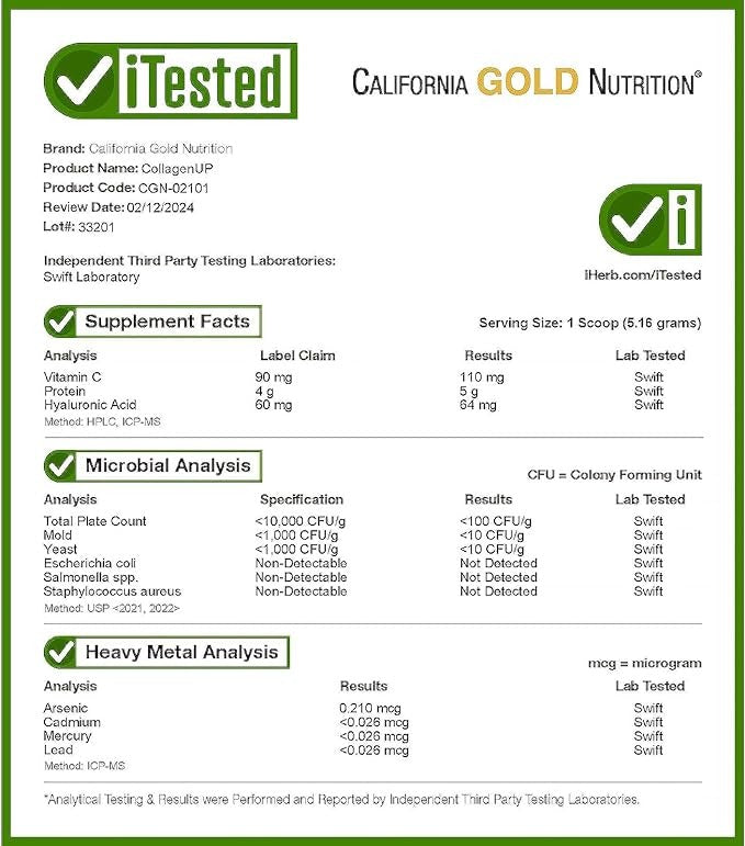 California Gold Nutrition, CollagenUP, Hydrolyzed Marine Collagen Peptides with Hyaluronic Acid and Vitamin C, Unflavored, 2.2 lbs (1 kg)