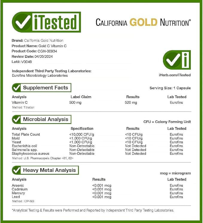 California Gold Nutrition, Gold C, USP Grade Vitamin C, 500 mg, 240 Veggie Capsules