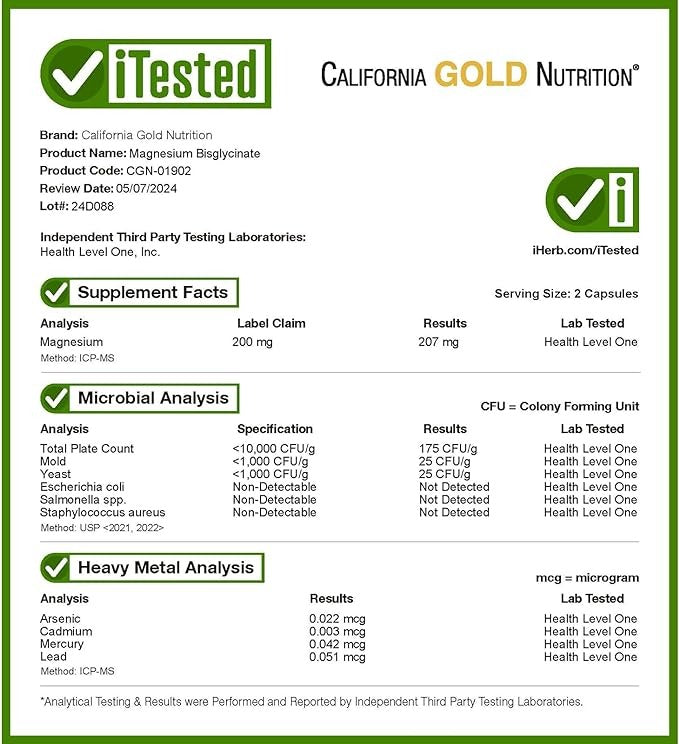 California Gold Nutrition, Magnesium Bisglycinate, Formulated with TRAACS, 200 mg, 240 Veggie Capsules (100 mg per Capsule)