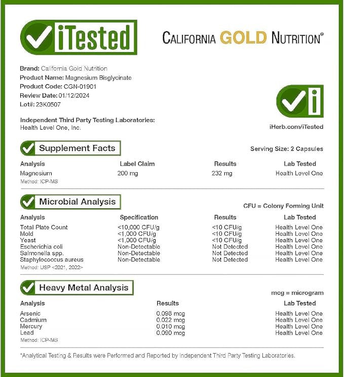 California Gold Nutrition, Magnesium Bisglycinate, Formulated with TRAACS®, 200 mg, 60 Veggie Capsules (100 mg per Capsule)