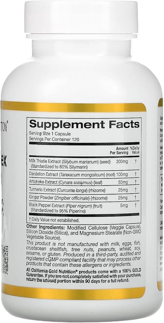 California Gold Nutrition, Silymarin Complex, Milk Thistle Extract Plus Dandelion, Artichoke, Curcumin C3 Complex, Ginger, and BioPerine, 120 Veggie Capsules