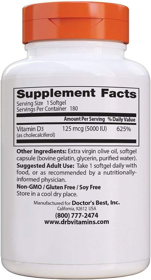 Doctor's Best, Vitamin D3, 125 mcg (5,000 IU), 180 Softgels