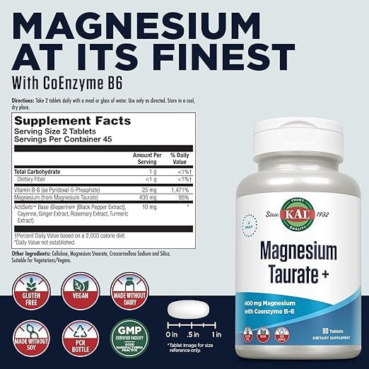 KAL, Magnesium Taurate +, 400 mg, 90 Tablets (200 mg per Tablet)