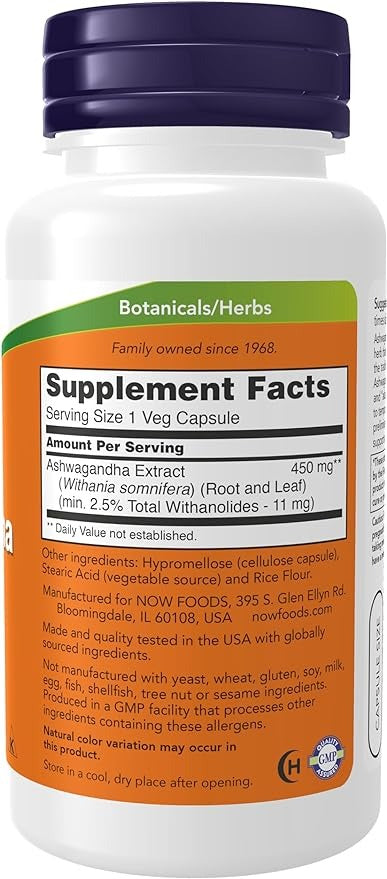 NOW Foods, Ashwagandha, Standardized Extract, 450 mg, 90 Veg Capsules