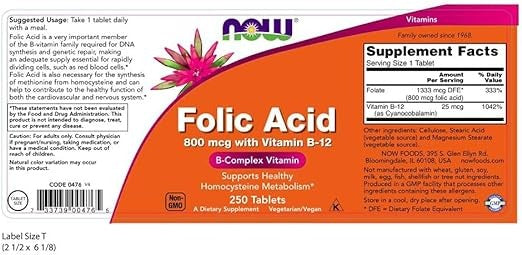 NOW Foods, Folic Acid, 800 mcg, 250 Tablets