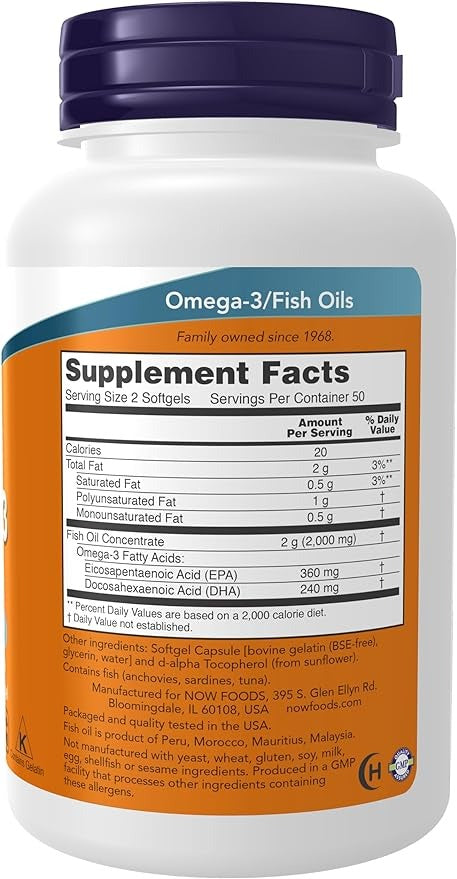 NOW Foods, Omega-3 Fish Oil, 2,000 mg, 100 Softgels (1.000 mg per Softgel)