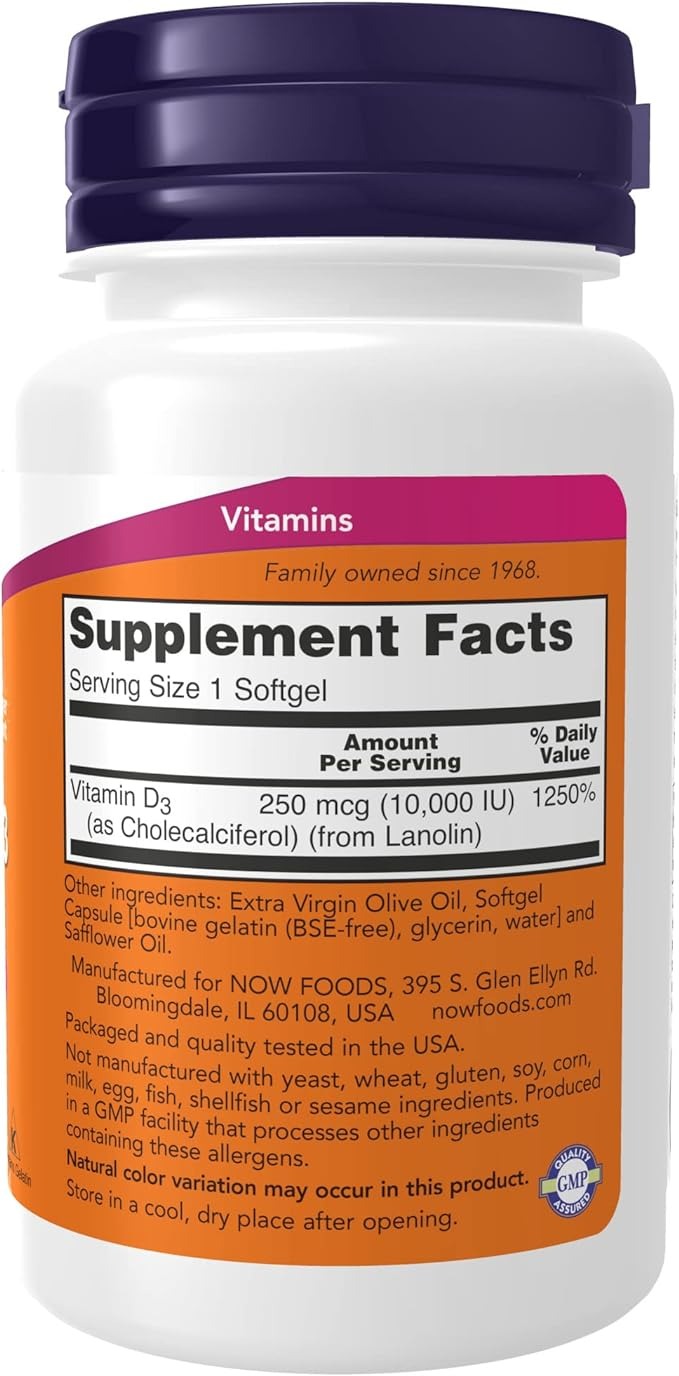 NOW Foods, Vitamin D-3, High Potency, 10,000 IU, 240 Softgels