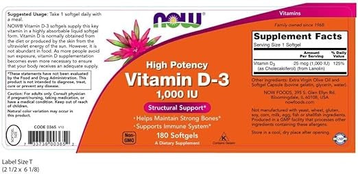 NOW Foods, Vitamin D-3, High Potency, 1,000 IU, 180 Softgels