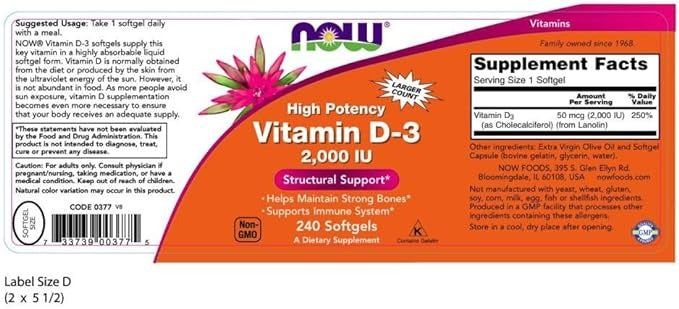 NOW Foods, Vitamin D-3, High Potency, 2,000 IU, 240 Softgels