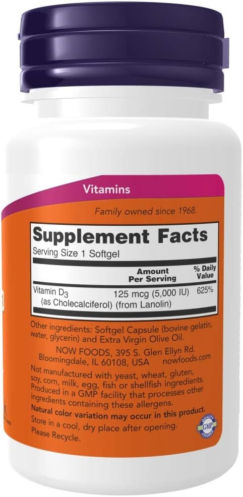 NOW Foods, Vitamin D-3, High Potency, 5,000 IU, 120 Softgels