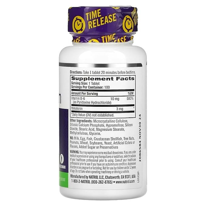 Natrol, Melatonin, Time Release, 3 mg, 100 Tablets