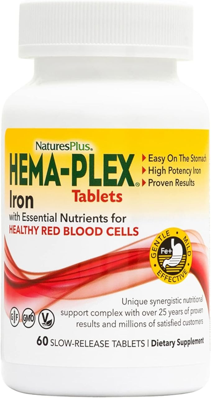 NaturesPlus, Hema-Plex, Iron with Essential Nutrients for Healthy Red Blood Cells , 60 Slow-Release Tablets