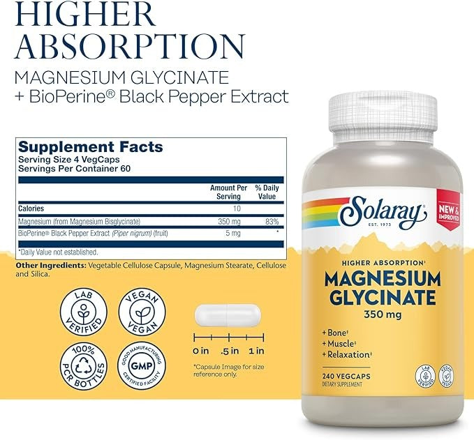 Solaray, Higher Absorption Magnesium Glycinate, 350 mg, 240 VegCaps