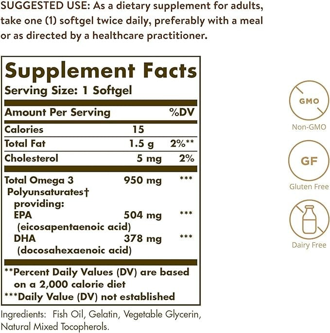 Solgar, Omega 3, EPA & DHA, Triple Strength, 950 mg, 100 Softgels